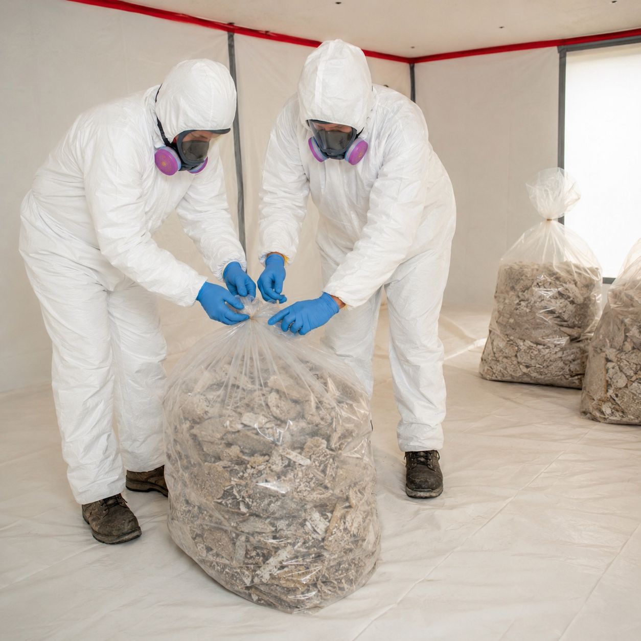 Certified asbestos abatement team removing floor tiles inside containment zone